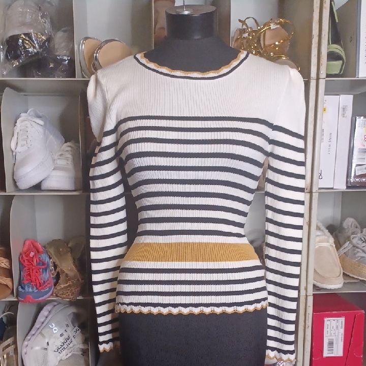 Striped White And Black Sweater With Gold Accents